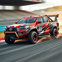 A modified Toyota Hilux for racing, showcasing a sleek, aerodynamic design with bold racing stripes and sponsorship decals