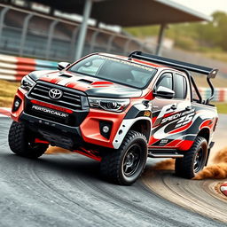 A modified Toyota Hilux for racing, showcasing a sleek, aerodynamic design with bold racing stripes and sponsorship decals
