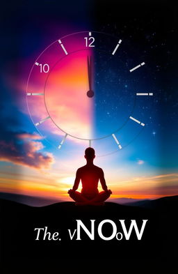 A visually stunning representation of the concept of 'The Value of Now', incorporating elements like a serene landscape symbolizing mindfulness, a clock with blurred hands indicating the passage of time, and an ethereal glow to signify presence