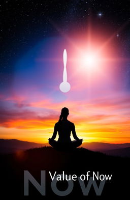 A visually stunning representation of the concept of 'The Value of Now', incorporating elements like a serene landscape symbolizing mindfulness, a clock with blurred hands indicating the passage of time, and an ethereal glow to signify presence