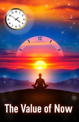 A visually stunning representation of the concept of 'The Value of Now', incorporating elements like a serene landscape symbolizing mindfulness, a clock with blurred hands indicating the passage of time, and an ethereal glow to signify presence