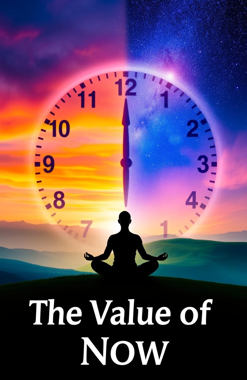 A visually stunning representation of the concept of 'The Value of Now', incorporating elements like a serene landscape symbolizing mindfulness, a clock with blurred hands indicating the passage of time, and an ethereal glow to signify presence