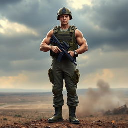 A strong, determined soldier standing proudly in full military uniform, with a tactical vest, helmet, and combat boots