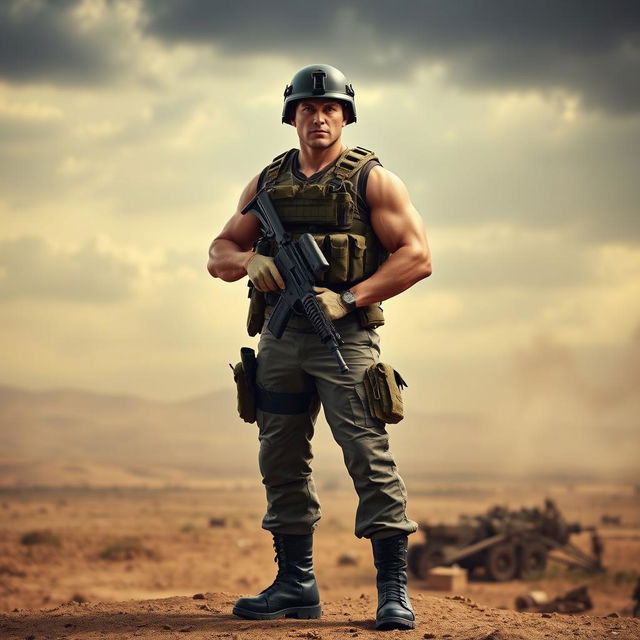 A strong, determined soldier standing proudly in full military uniform, with a tactical vest, helmet, and combat boots