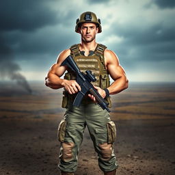 A strong, determined soldier standing proudly in full military uniform, with a tactical vest, helmet, and combat boots