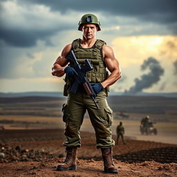 A strong, determined soldier standing proudly in full military uniform, with a tactical vest, helmet, and combat boots