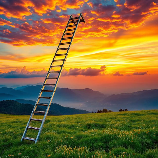 A breathtaking scene of a majestic, spiraling ladder extending into a vibrant sky filled with colorful clouds at sunset