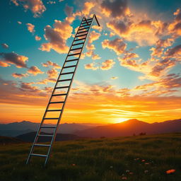 A breathtaking scene of a majestic, spiraling ladder extending into a vibrant sky filled with colorful clouds at sunset