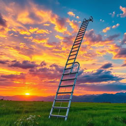 A breathtaking scene of a majestic, spiraling ladder extending into a vibrant sky filled with colorful clouds at sunset