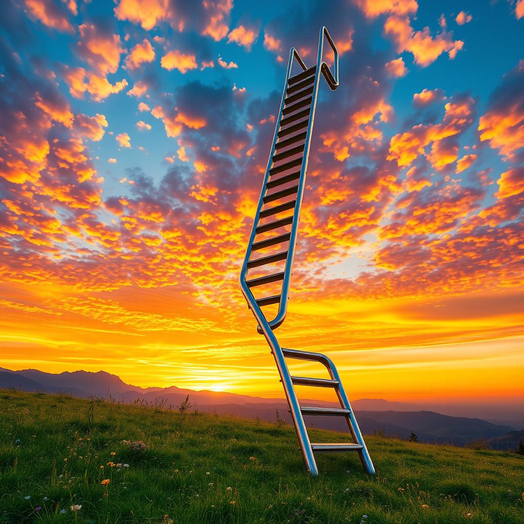 A breathtaking scene of a majestic, spiraling ladder extending into a vibrant sky filled with colorful clouds at sunset