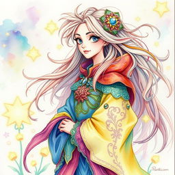 A beautifully detailed watercolor painting of a fantastical, fictional character