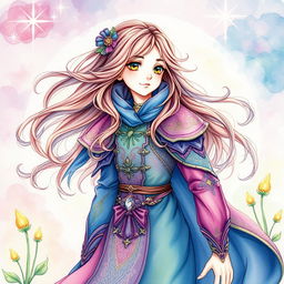 A beautifully detailed watercolor painting of a fantastical, fictional character