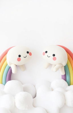 Two dull rainbows, each with cute eyes and mouths, create a whimsical scene