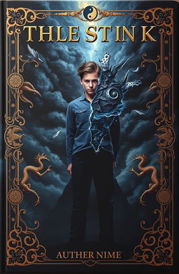 A dramatic book cover featuring a protagonist standing in the center, showing a conflicted expression with two distinct halves of their face: one side calm and composed, while the other side appears chaotic and wild, symbolizing the internal struggle between their personalities