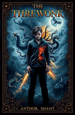 A dramatic book cover featuring a protagonist standing in the center, showing a conflicted expression with two distinct halves of their face: one side calm and composed, while the other side appears chaotic and wild, symbolizing the internal struggle between their personalities