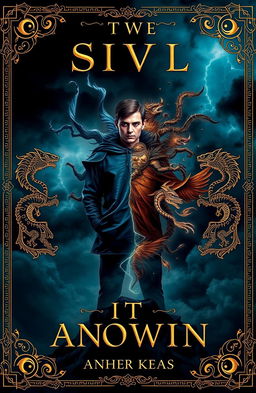 A dramatic book cover featuring a protagonist standing in the center, showing a conflicted expression with two distinct halves of their face: one side calm and composed, while the other side appears chaotic and wild, symbolizing the internal struggle between their personalities