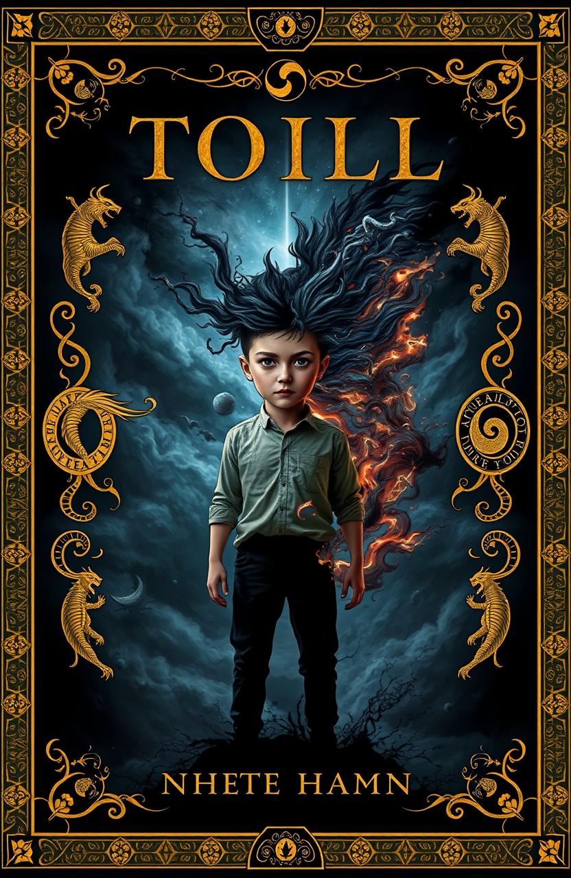 A dramatic book cover featuring a protagonist standing in the center, showing a conflicted expression with two distinct halves of their face: one side calm and composed, while the other side appears chaotic and wild, symbolizing the internal struggle between their personalities