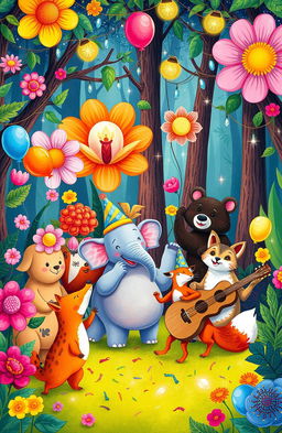 A whimsical and colorful illustration depicting a vibrant party scene in a fantastical world
