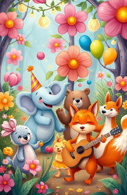 A whimsical and colorful illustration depicting a vibrant party scene in a fantastical world