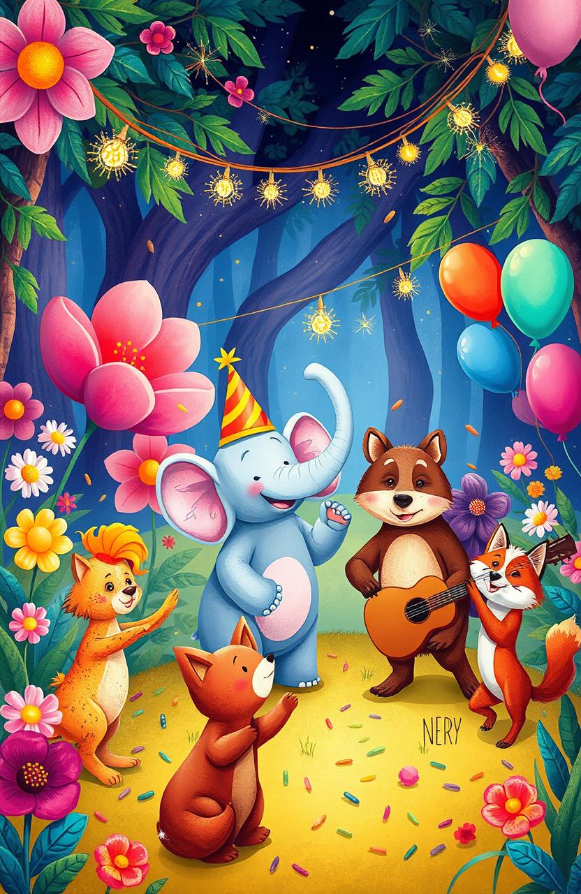 A whimsical and colorful illustration depicting a vibrant party scene in a fantastical world