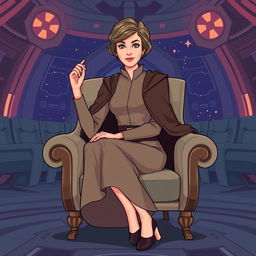An illustration of Mon Mothma from Star Wars, seated gracefully on an elegant chair in a vibrant cartoon style