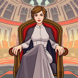 An illustration of Mon Mothma from Star Wars, seated gracefully on an elegant chair in a vibrant cartoon style