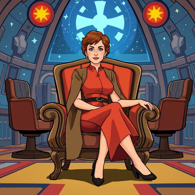 An illustration of Mon Mothma from Star Wars, seated gracefully on an elegant chair in a vibrant cartoon style