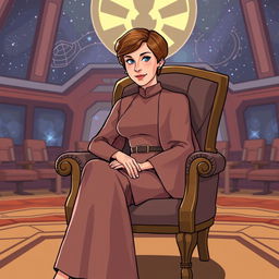 An illustration of Mon Mothma from Star Wars, seated gracefully on an elegant chair in a vibrant cartoon style