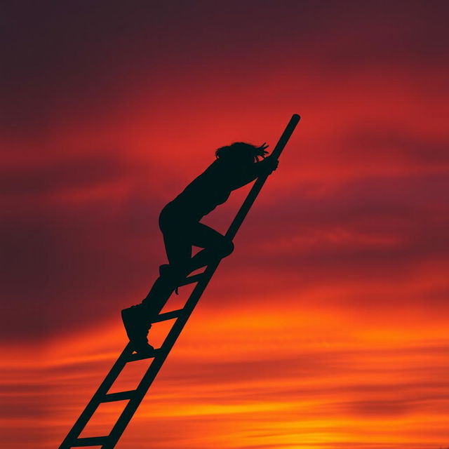 A captivating silhouette of a person climbing a ladder, set against a vibrant gradient sunset background with orange, pink, and purple hues