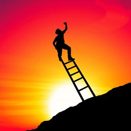 A captivating silhouette of a person climbing a ladder, set against a vibrant gradient sunset background with orange, pink, and purple hues