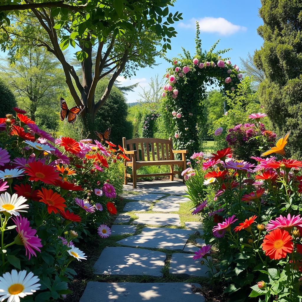 A serene garden scene filled with blooming flowers of various colors, lush greenery surrounding a beautiful stone pathway