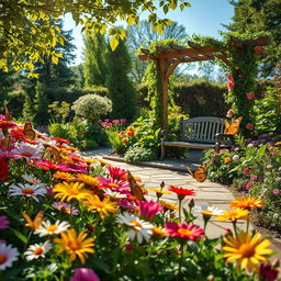 A serene garden scene filled with blooming flowers of various colors, lush greenery surrounding a beautiful stone pathway