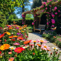 A serene garden scene filled with blooming flowers of various colors, lush greenery surrounding a beautiful stone pathway