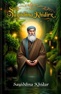 A visually captivating book cover for 'Sayidina Khidir', featuring an elegantly depicted figure of Sayidina Khidir, dressed in traditional attire with intricate patterns