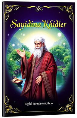 A visually captivating book cover for 'Sayidina Khidir', featuring an elegantly depicted figure of Sayidina Khidir, dressed in traditional attire with intricate patterns