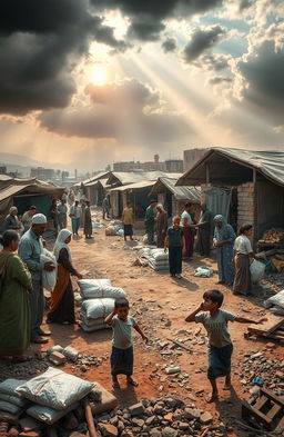 An evocative and thought-provoking scene depicting the intersection of faith and humanitarian challenges