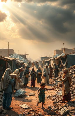 An evocative and thought-provoking scene depicting the intersection of faith and humanitarian challenges
