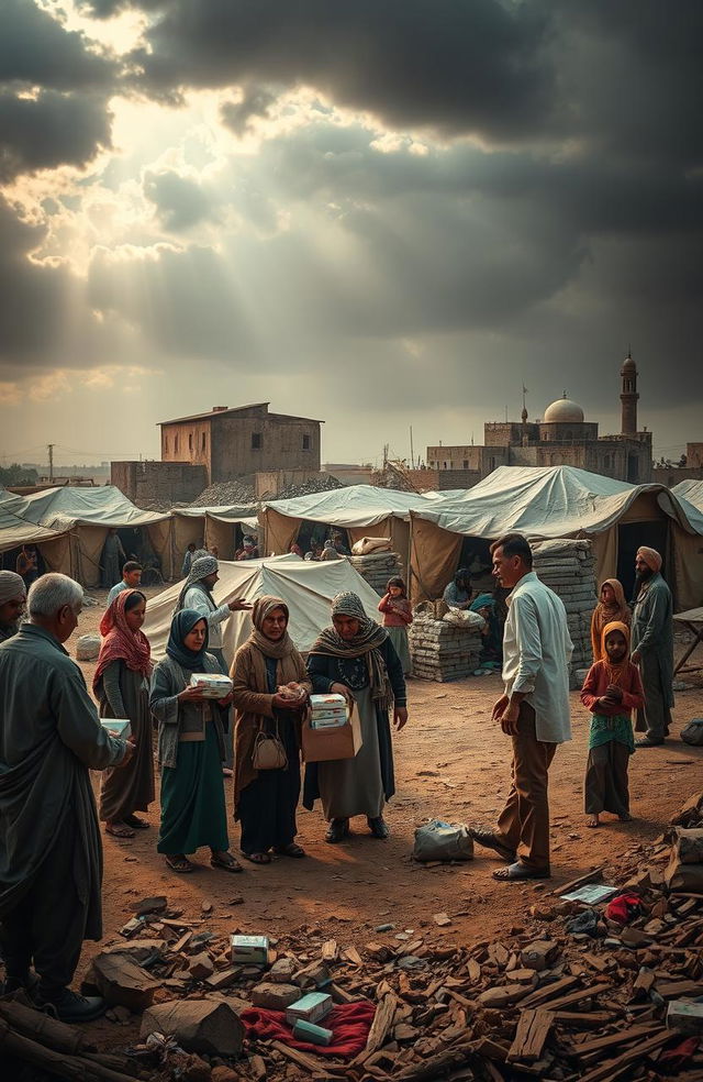 An evocative and thought-provoking scene depicting the intersection of faith and humanitarian challenges