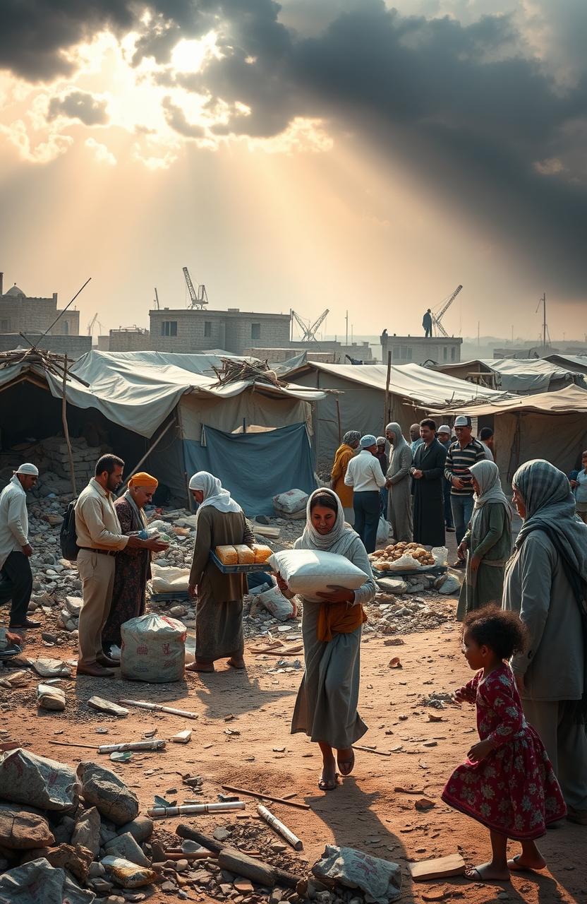 An evocative and thought-provoking scene depicting the intersection of faith and humanitarian challenges