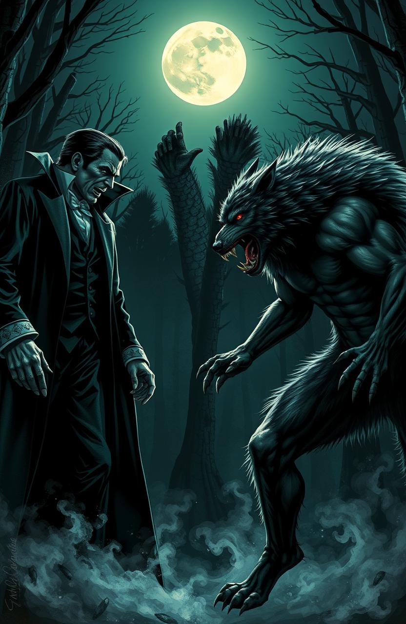 A dramatic scene featuring a tense standoff between vampires and werewolves under a full moon