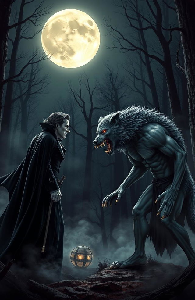 A dramatic scene featuring a tense standoff between vampires and werewolves under a full moon