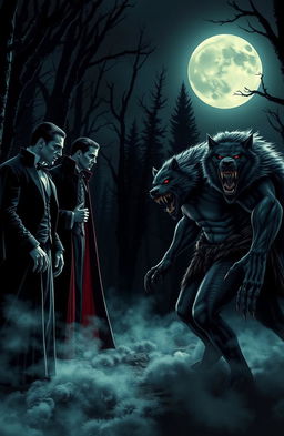 A dramatic scene featuring a tense standoff between vampires and werewolves under a full moon