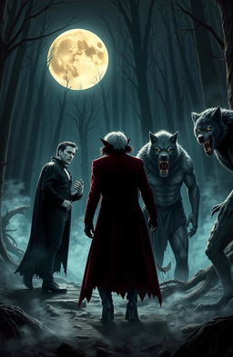 A dramatic scene featuring a tense standoff between vampires and werewolves under a full moon