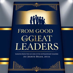 A luxurious and elegant book cover design for the title "From Good to Great Leaders: Lessons from the Success of Six Extraordinary Leaders"