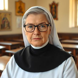 A stern-looking 50-year-old female Catholic nun teacher with short, neatly styled hair, wearing traditional nun attire including a black habit and white wimple