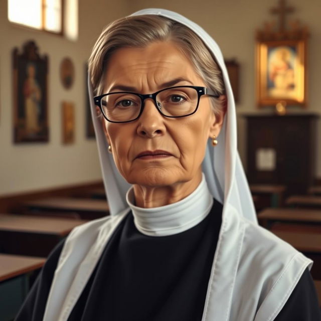 A stern-looking 50-year-old female Catholic nun teacher with short, neatly styled hair, wearing traditional nun attire including a black habit and white wimple