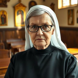 A stern-looking 50-year-old female Catholic nun teacher with short, neatly styled hair, wearing traditional nun attire including a black habit and white wimple