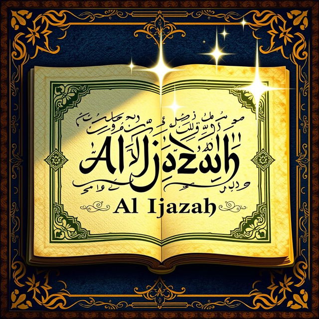 A captivating book cover for 'Al Ijazah', featuring a stylized depiction of an ancient manuscript with elegant calligraphy