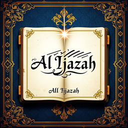 A captivating book cover for 'Al Ijazah', featuring a stylized depiction of an ancient manuscript with elegant calligraphy