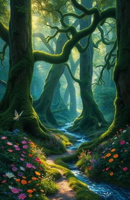 A mystical adventurous forest, filled with towering ancient trees covered in emerald moss